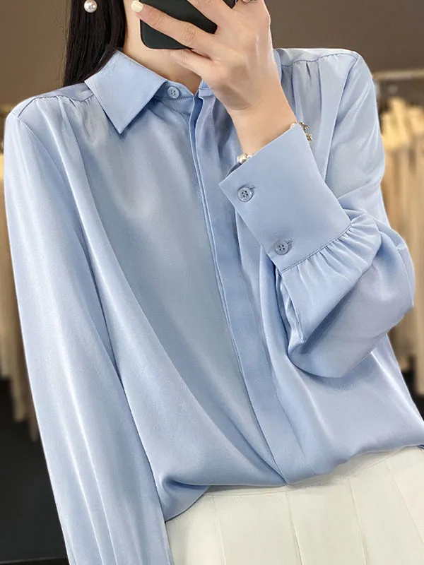 Long Sleeves Loose Buttoned Pleated Solid Color Lapel Blouses&Shirts Tops