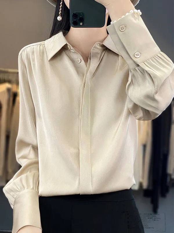 Long Sleeves Loose Buttoned Pleated Solid Color Lapel Blouses&Shirts Tops