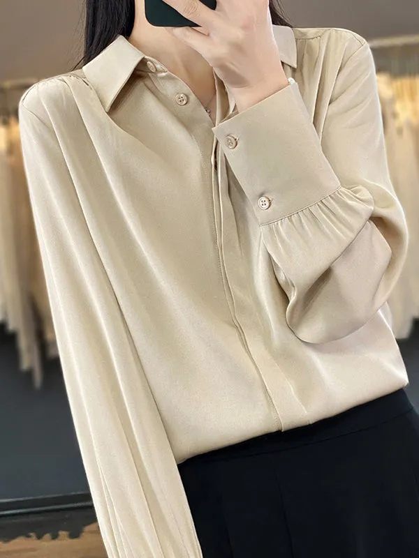 Long Sleeves Loose Buttoned Pleated Solid Color Lapel Blouses&Shirts Tops