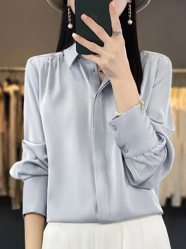 Long Sleeves Loose Buttoned Pleated Solid Color Lapel Blouses&Shirts Tops