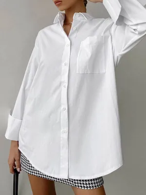 Long Sleeves Loose Buttoned Pockets Solid Color Lapel Blouses&Shirts Tops