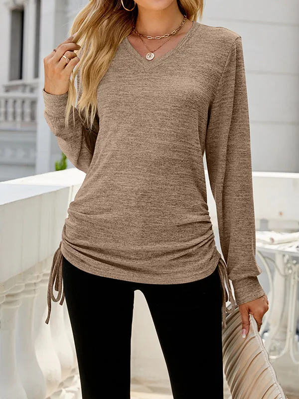 Long Sleeves Loose Drawstring Solid Color Tied V-Neck T-Shirts Tops