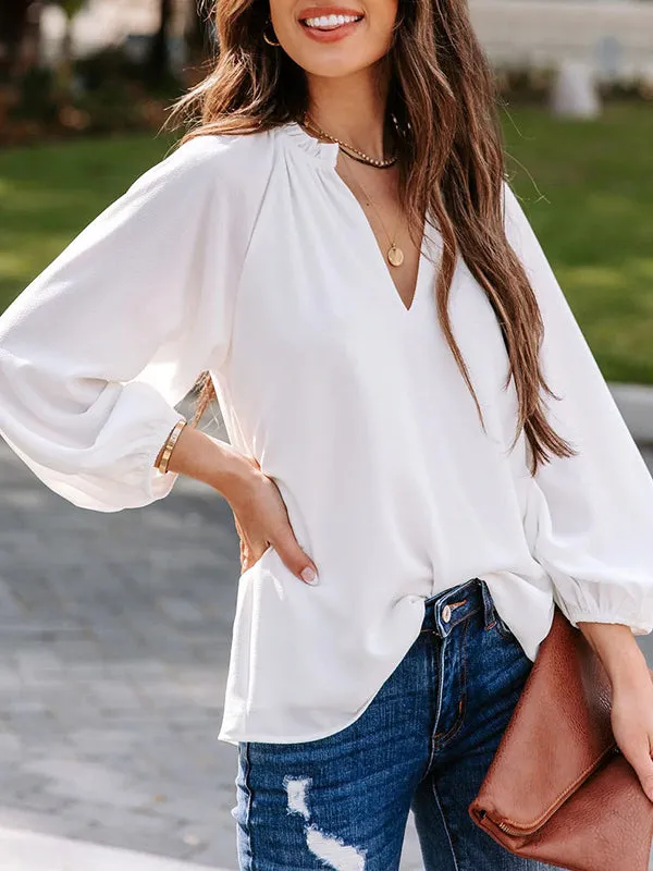 Long Sleeves Loose Elasticity Pleated Ruffle Trim Solid Color Deep V-Neck T-Shirts Tops