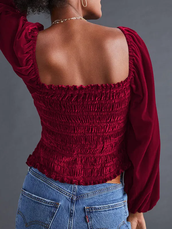 Long Sleeves Loose Elasticity Solid Color Velvet Square-Neck T-Shirts Tops