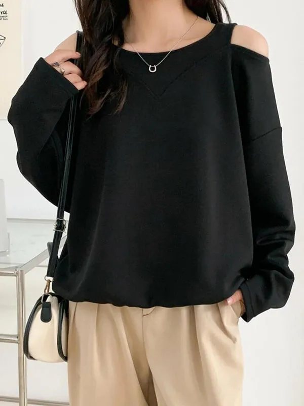 Long Sleeves Loose Hollow Solid Color Cold Shoulder T-Shirts Tops