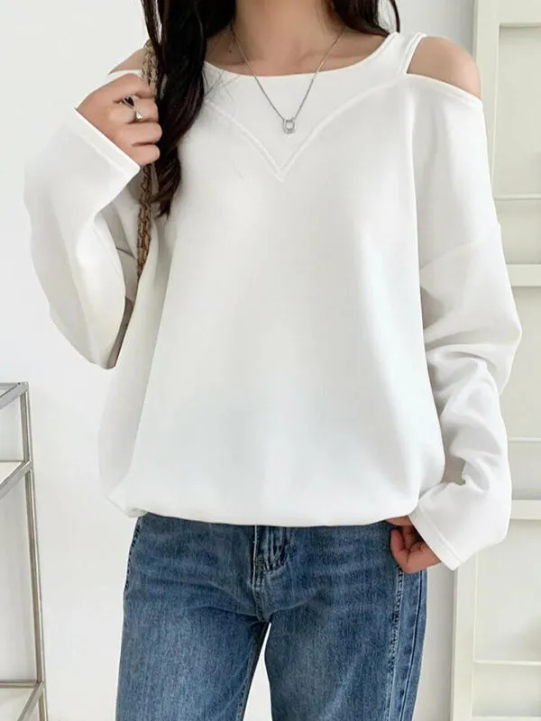 Long Sleeves Loose Hollow Solid Color Cold Shoulder T-Shirts Tops