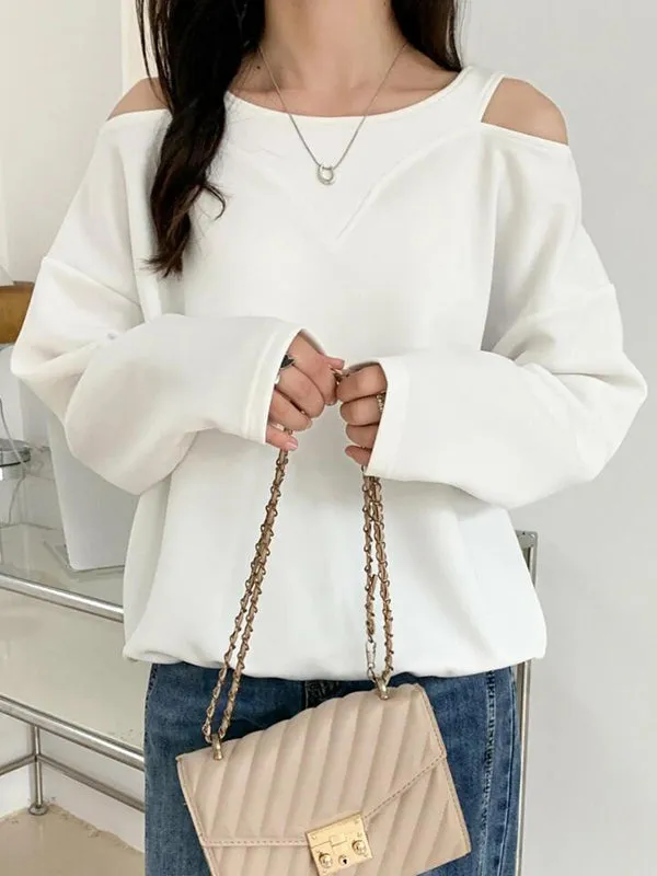 Long Sleeves Loose Hollow Solid Color Cold Shoulder T-Shirts Tops