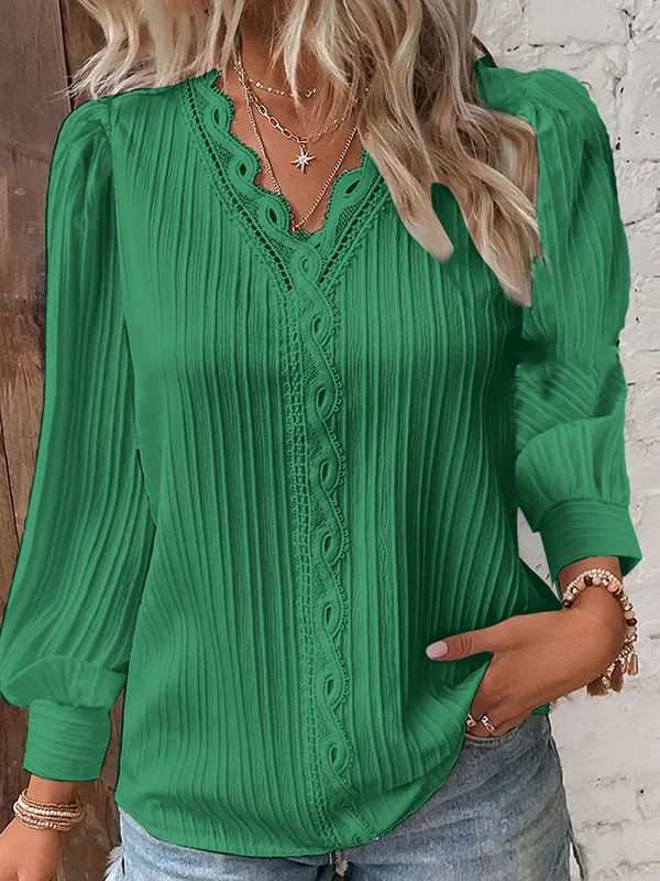 Long Sleeves Loose Hollow Solid Color V-Neck T-Shirts