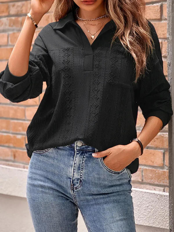 Long Sleeves Loose Pockets Solid Color Split-Joint Lapel Blouses&shirts Tops