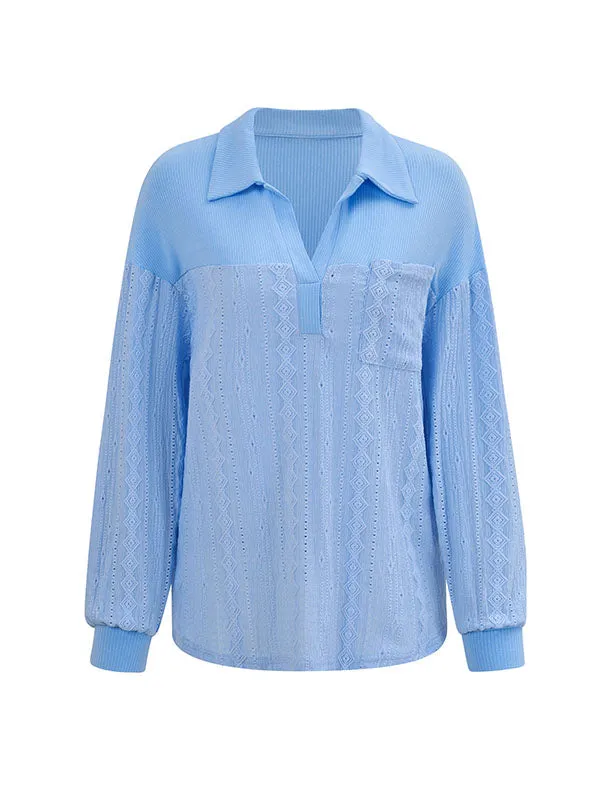 Long Sleeves Loose Pockets Solid Color Split-Joint Lapel Blouses&shirts Tops