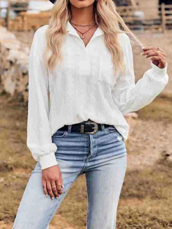 Long Sleeves Loose Pockets Solid Color Split-Joint Lapel Blouses&shirts Tops