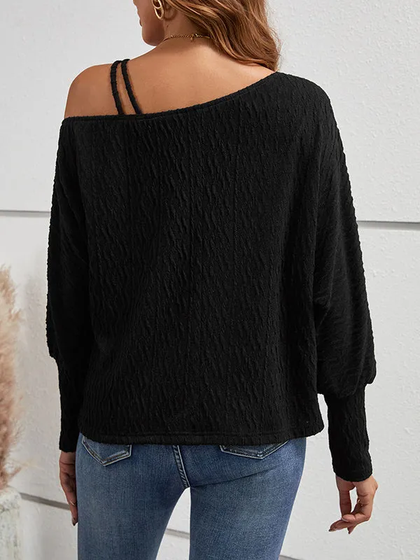 Long Sleeves Loose Solid Color Asymmetric Collar T-Shirts Tops