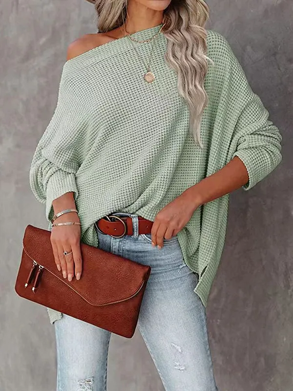 Long Sleeves Loose Solid Color Split-Side Boat Neck T-Shirts