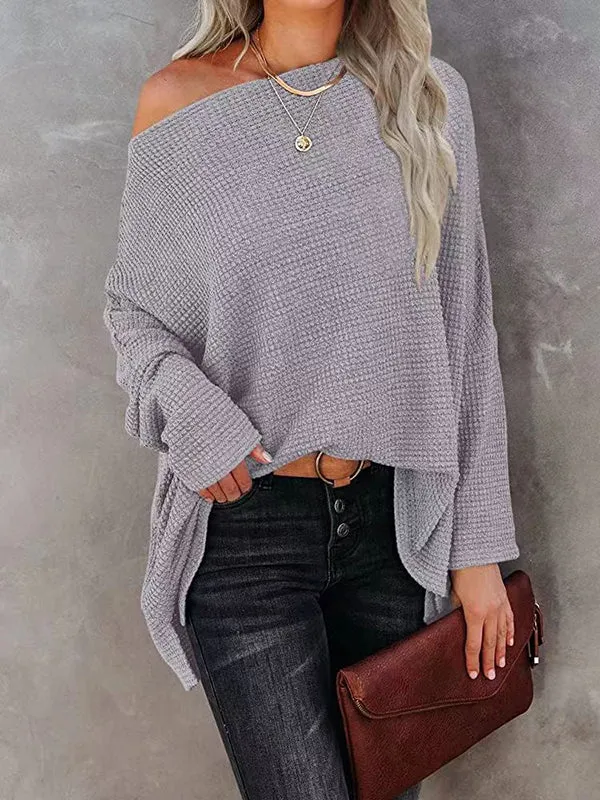 Long Sleeves Loose Solid Color Split-Side Boat Neck T-Shirts