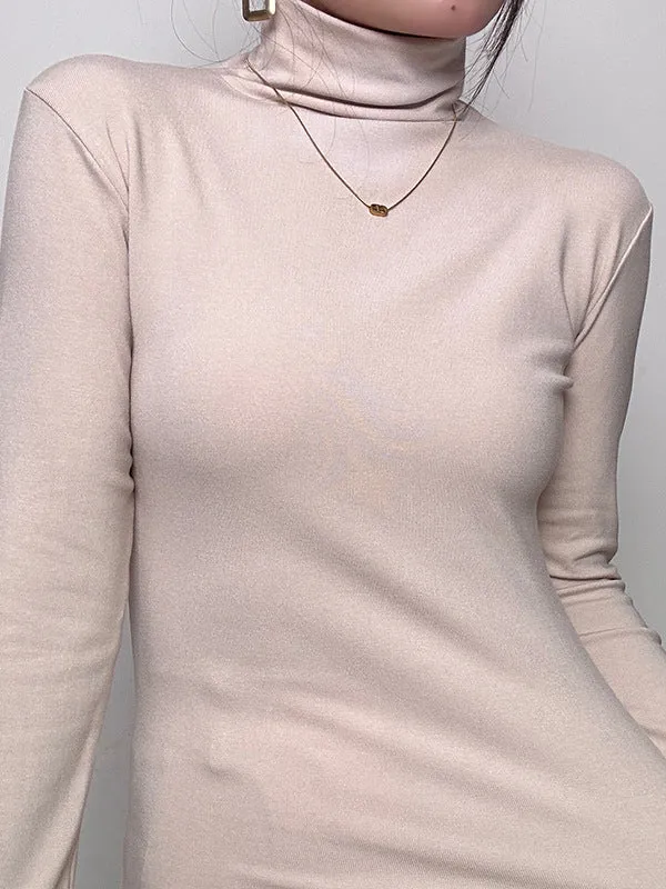 Long Sleeves Skinny Solid Color High Neck T-Shirts Tops