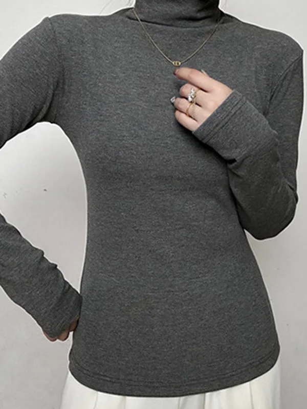 Long Sleeves Skinny Solid Color High Neck T-Shirts Tops