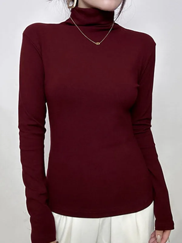 Long Sleeves Skinny Solid Color High Neck T-Shirts Tops