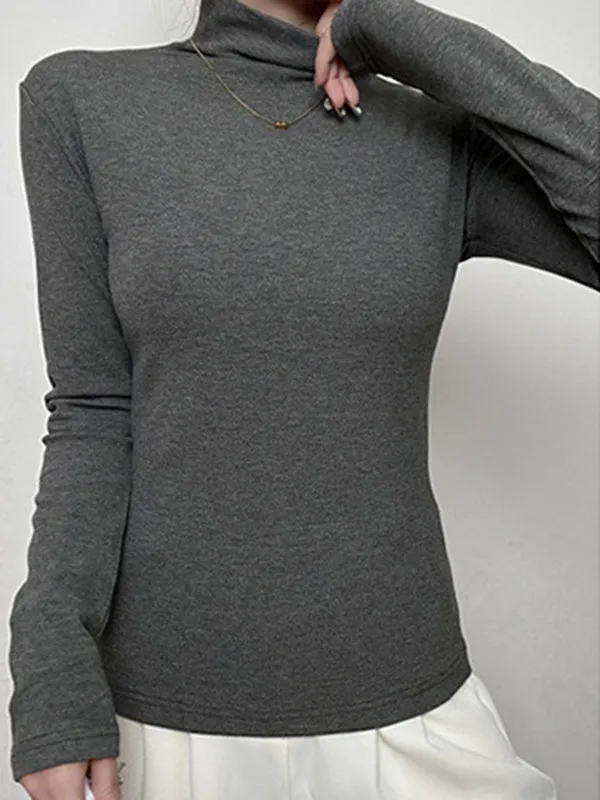 Long Sleeves Skinny Solid Color High Neck T-Shirts Tops