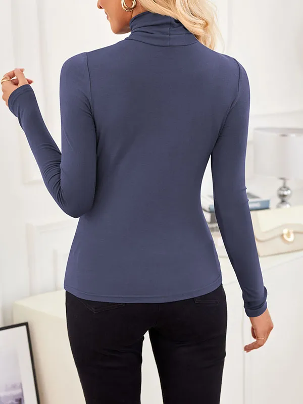 Long Sleeves Skinny Solid Color Split-Joint High Neck T-Shirts