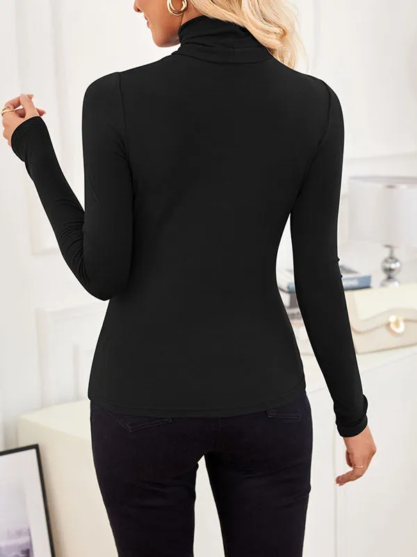 Long Sleeves Skinny Solid Color Split-Joint High Neck T-Shirts