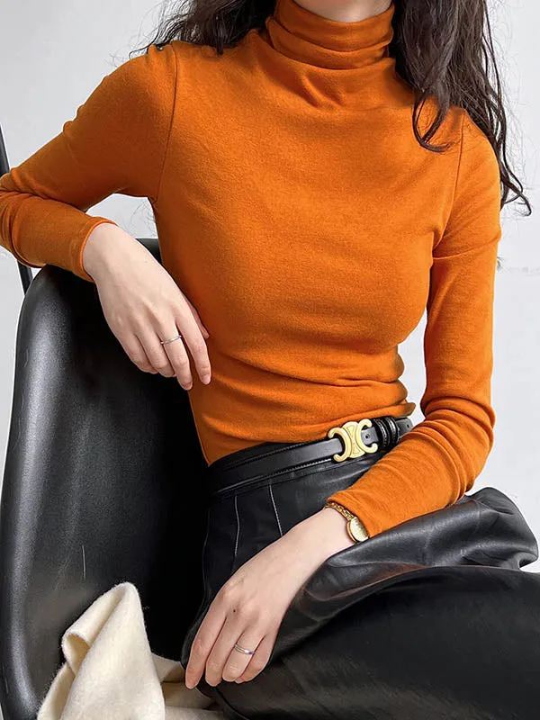 Long Sleeves Skinny Solid Color Split-Joint High Neck T-Shirts