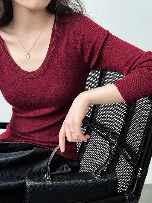 Long Sleeves Skinny Solid Color Split-Joint U-Neck T-Shirts