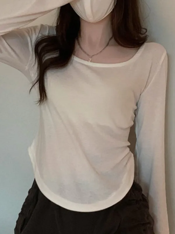 Long Sleeves Skinny Solid Color Square-Neck T-Shirts Tops