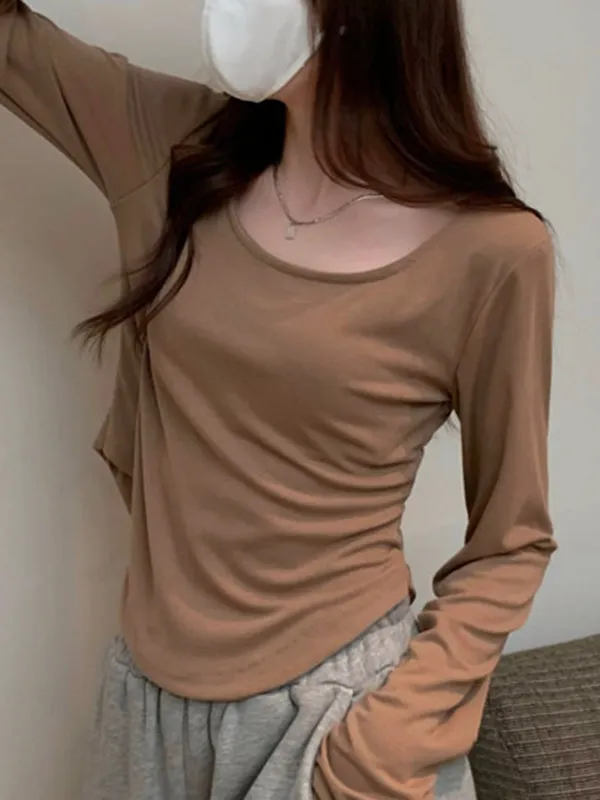 Long Sleeves Skinny Solid Color Square-Neck T-Shirts Tops