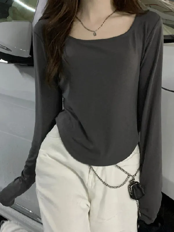 Long Sleeves Skinny Solid Color Square-Neck T-Shirts Tops