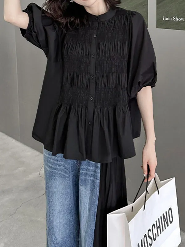 Loose Puff Sleeves Pleated Solid Color Round-Neck Blouses&Shirts Tops