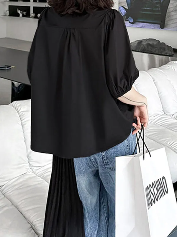 Loose Puff Sleeves Pleated Solid Color Round-Neck Blouses&Shirts Tops