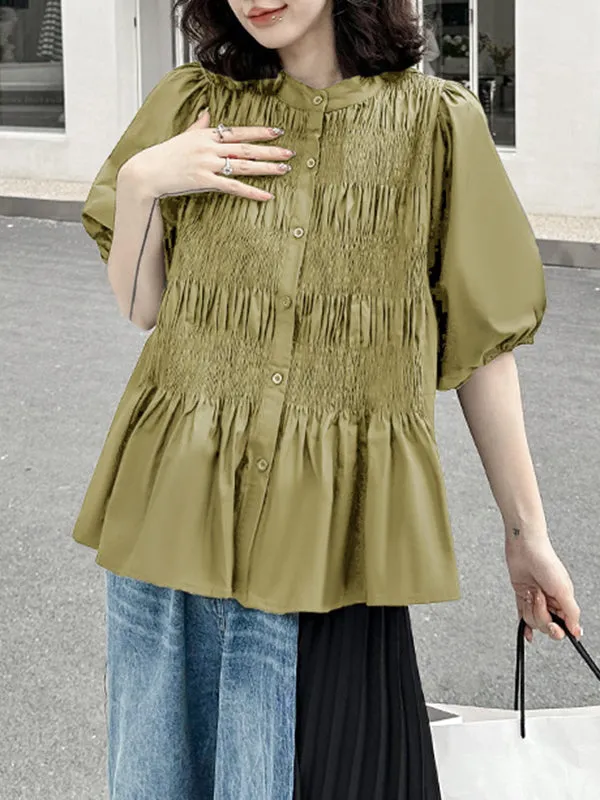 Loose Puff Sleeves Pleated Solid Color Round-Neck Blouses&Shirts Tops