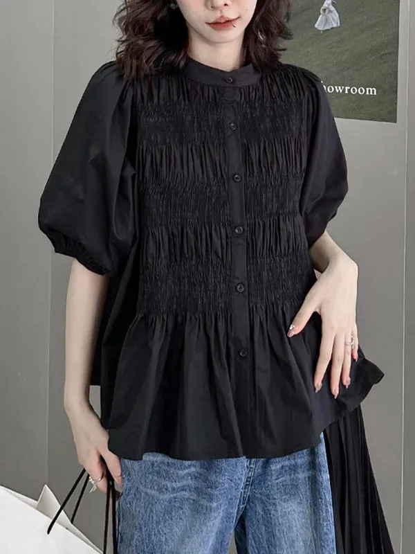 Loose Puff Sleeves Pleated Solid Color Round-Neck Blouses&Shirts Tops