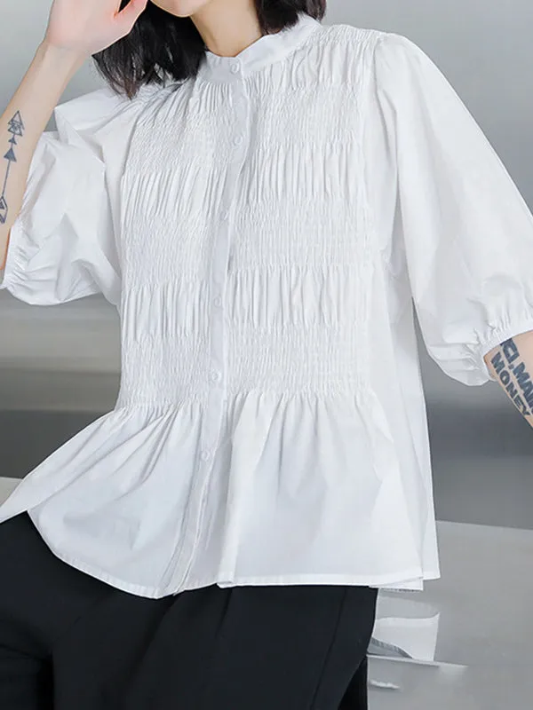 Loose Puff Sleeves Pleated Solid Color Round-Neck Blouses&Shirts Tops