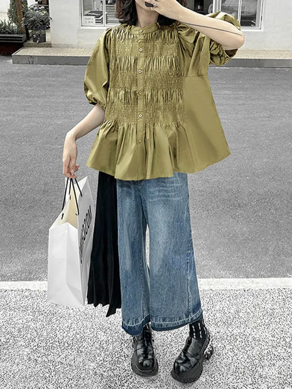 Loose Puff Sleeves Pleated Solid Color Round-Neck Blouses&Shirts Tops