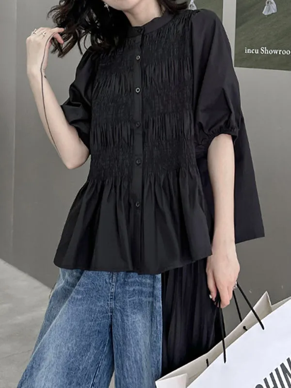 Loose Puff Sleeves Pleated Solid Color Round-Neck Blouses&Shirts Tops