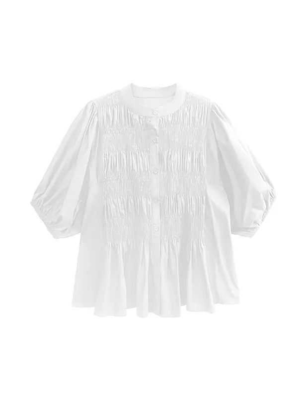 Loose Puff Sleeves Pleated Solid Color Round-Neck Blouses&Shirts Tops