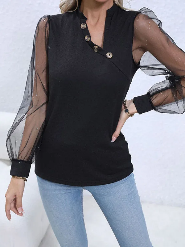 Loose Puff Sleeves Solid Color Mesh V-Neck Blouses&Shirts Tops