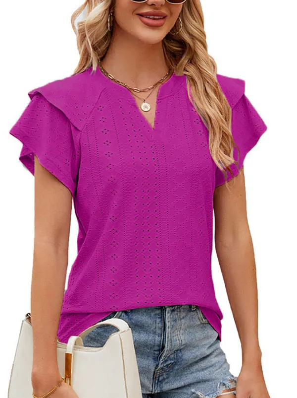 Loose Ruffle Sleeves Double Layered Hollow Jacquard Solid Color V-Neck T-Shirts Tops