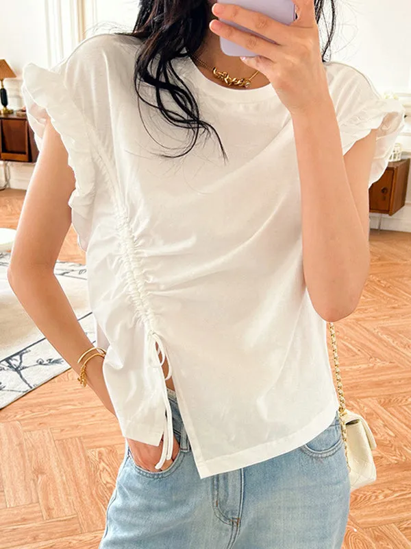 Loose Short Sleeves Asymmetric Drawstring Pleated Ruffle Trim Solid Color Split-Front Round-Neck T-Shirts Tops