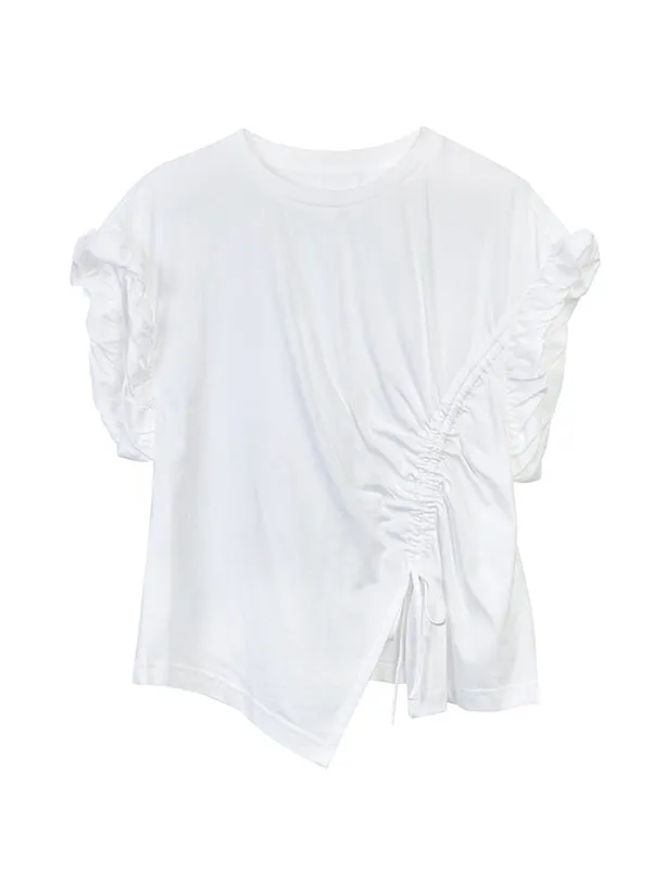 Loose Short Sleeves Asymmetric Drawstring Pleated Ruffle Trim Solid Color Split-Front Round-Neck T-Shirts Tops