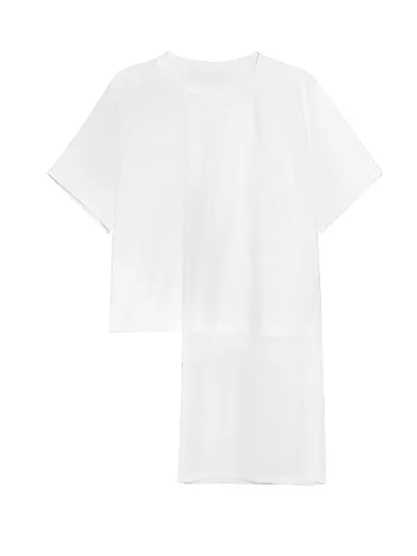 Loose Short Sleeves Asymmetric Solid Color Split-Joint Round-Neck T-Shirts Tops