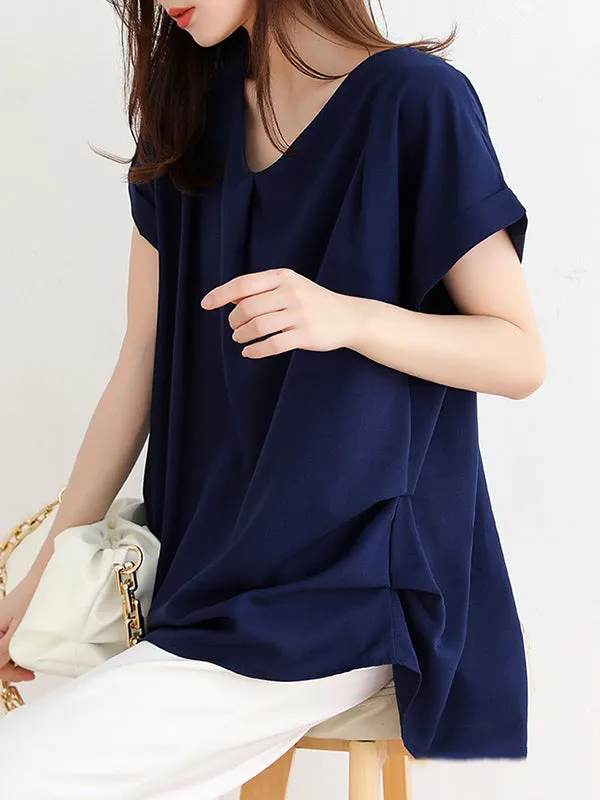 Loose Short Sleeves Back Pleated Solid Color Round-Neck T-Shirts Tops