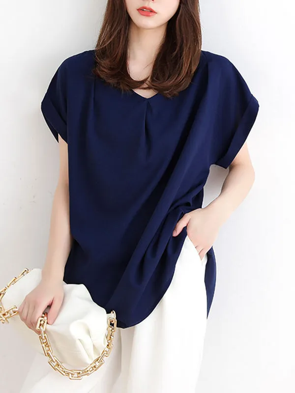 Loose Short Sleeves Back Pleated Solid Color Round-Neck T-Shirts Tops