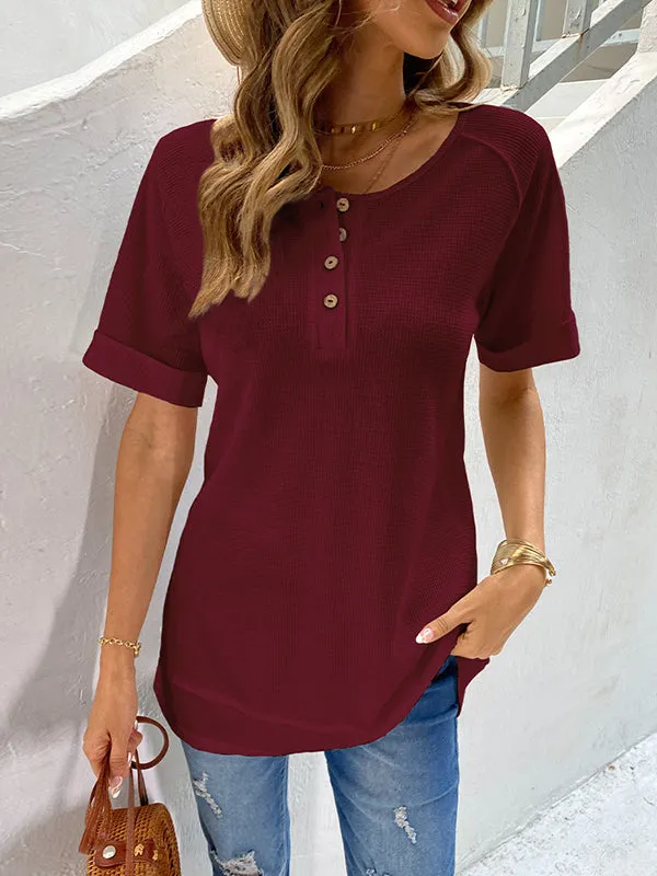 Loose Short Sleeves Buttoned Solid Color Split-Joint V-Neck T-Shirts Tops