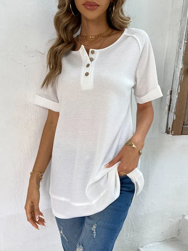 Loose Short Sleeves Buttoned Solid Color Split-Joint V-Neck T-Shirts Tops