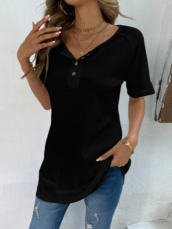 Loose Short Sleeves Buttoned Solid Color Split-Joint V-Neck T-Shirts Tops