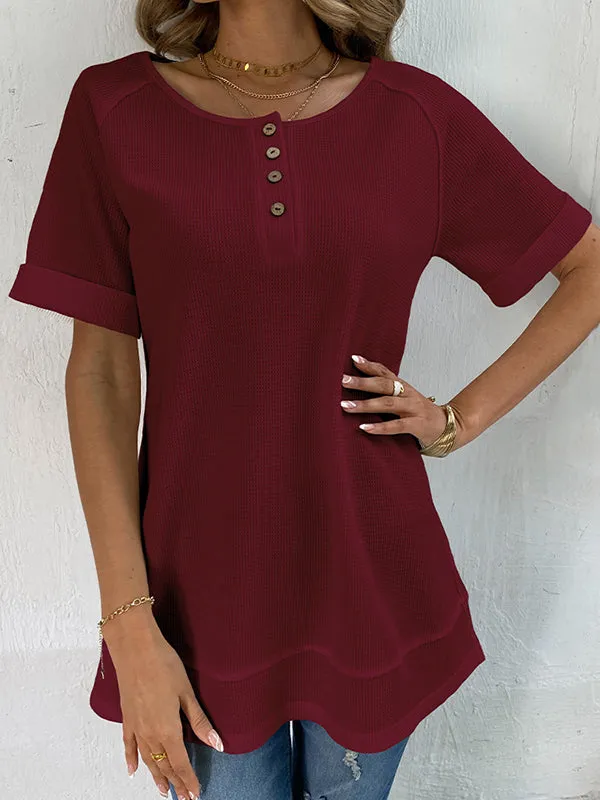 Loose Short Sleeves Buttoned Solid Color Split-Joint V-Neck T-Shirts Tops