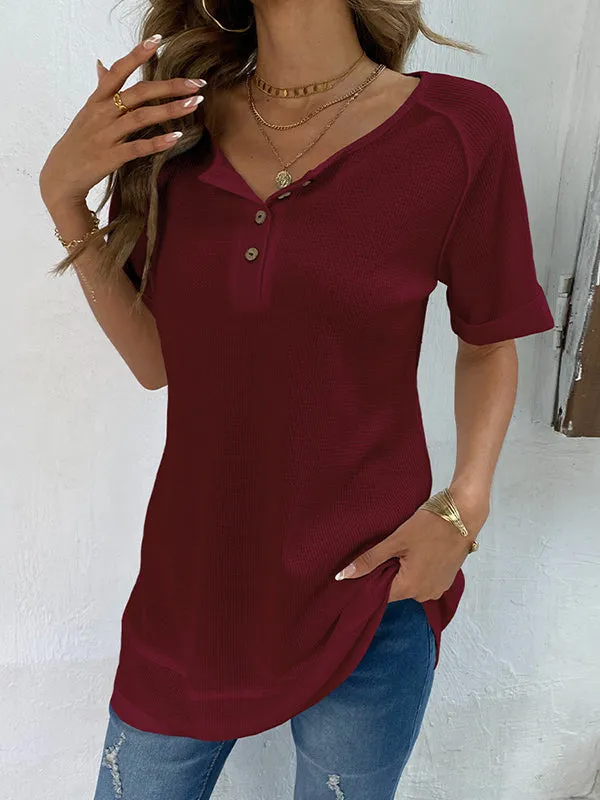 Loose Short Sleeves Buttoned Solid Color Split-Joint V-Neck T-Shirts Tops