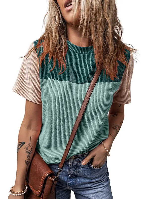 Loose Short Sleeves Contrast Color Split-Joint Round-Neck T-Shirts Tops